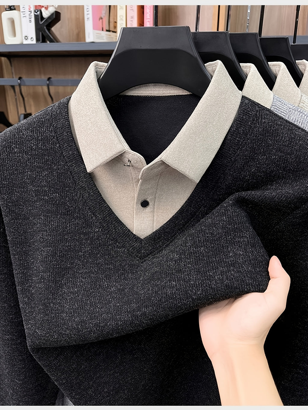 Men'S Autumn V-Neck Faux Two-Piece Pullover Sweater Top, Shirt Collar Patchwork Sweater, Casual Sportswear Top, Warm And Comfortable, Autumn Business Casual Daily Travel Commute Gift Choice, Knit - Deep Grey