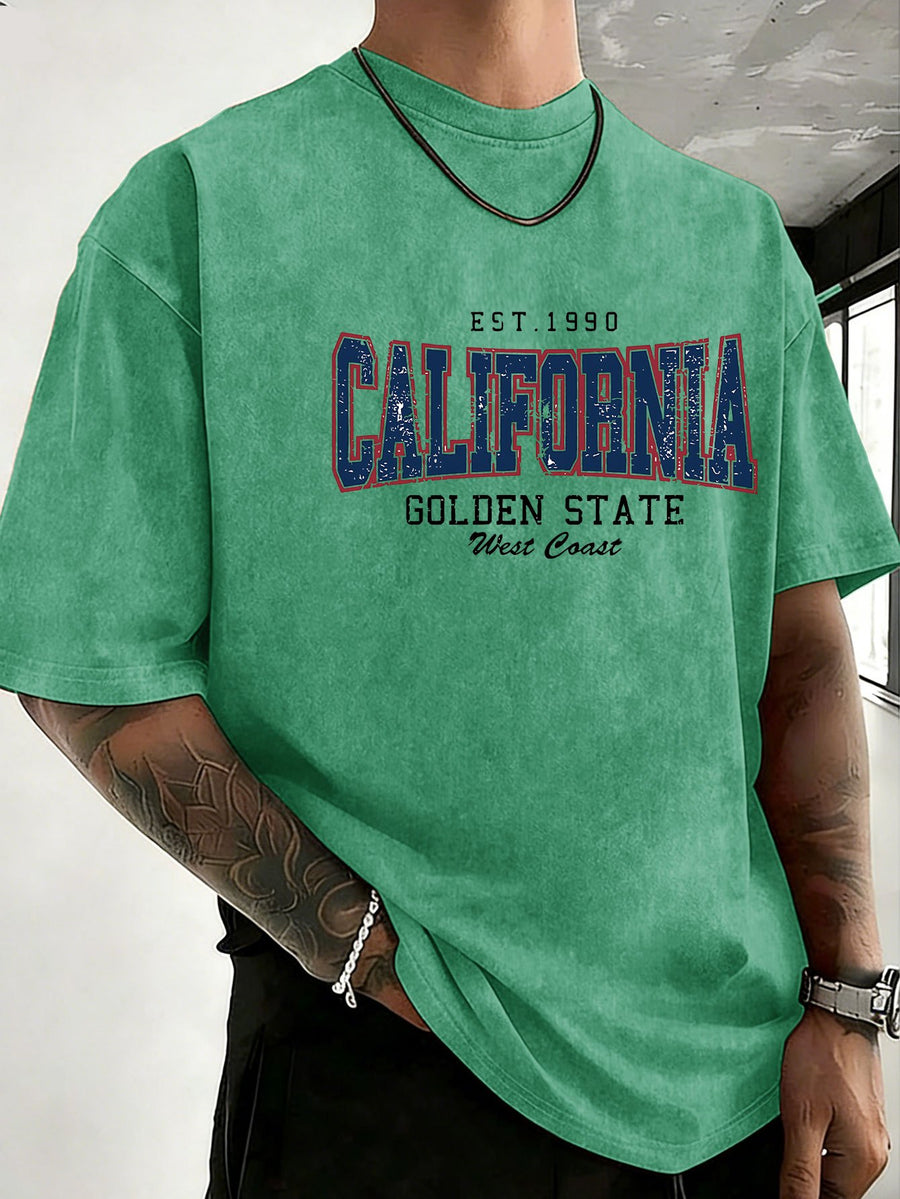 Midsummer Festival Holiday Style Unisex T-Shirt, Pure Cotton Washed Distressed, Double-Sided Print, Breathable and Sweat-Absorbent, Loose Fit for Outdoor Hiking, Sports, Trendy Casual Short Sleeve - Green