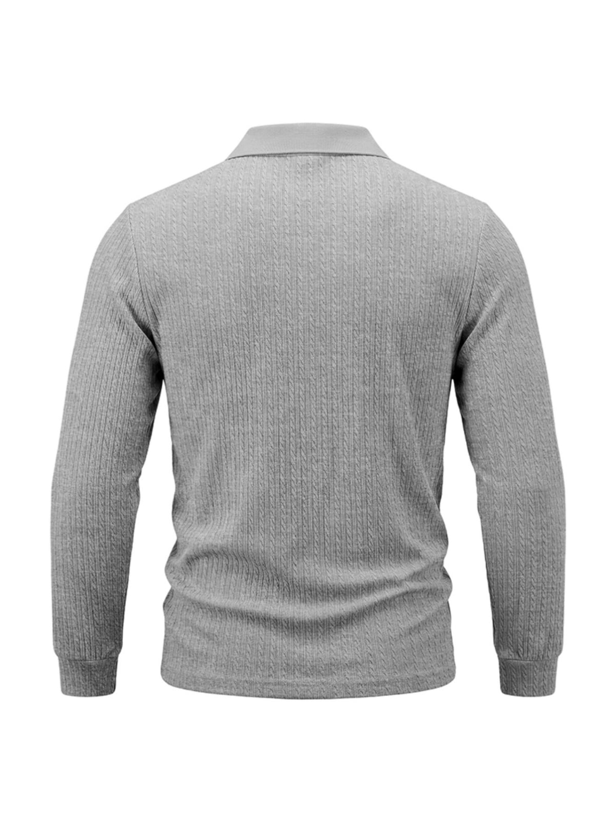 Men's Cable Twist Knit Long Sleeve Polo Shirt, Classic Collar 3 Buttons Solid Pullover, Casual Business Slim Fit Textured Top for Autumn Winter - Light Grey