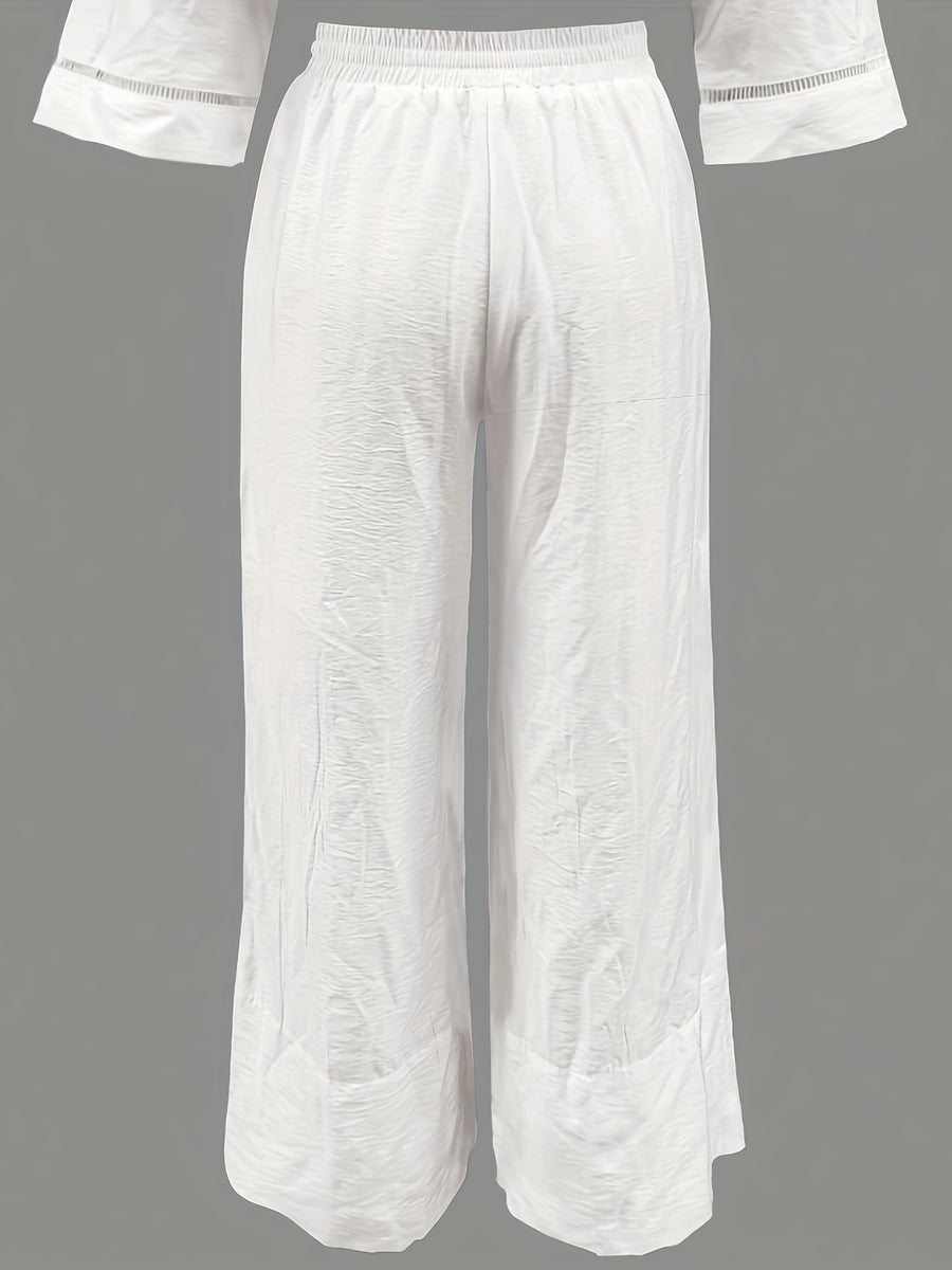 YT Women's Elegant Collection Relaxed Fit Drawstring Waist Pants - Lightweight Breathable Fabric, Solid Color Spring/Summer Casual Lounge Pants for Casual Attire, Summer Clothing, Quality Textile Craftsmanship, Flowing Fabric Trousers - White