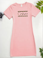 Calvin Women's Leopard Print T-Shirt Dress - Casual Short Sleeve Round Neck, Elastic Waist & Machine Washable, Spring Summer Daily Wear, Weekend Attire, Trendy Style, Comfortable Fabric, Women - Pink
