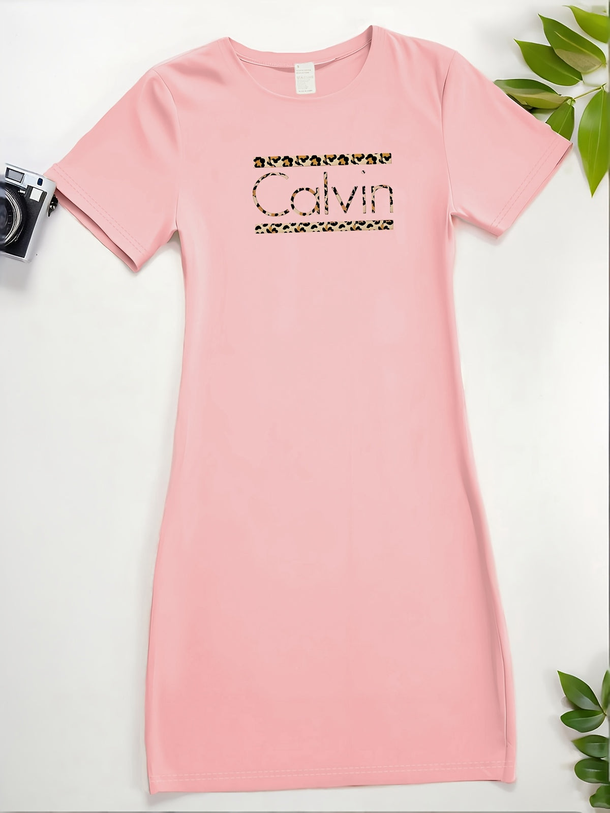 Calvin Women's Leopard Print T-Shirt Dress - Casual Short Sleeve Round Neck, Elastic Waist & Machine Washable, Spring Summer Daily Wear, Weekend Attire, Trendy Style, Comfortable Fabric, Women - Pink