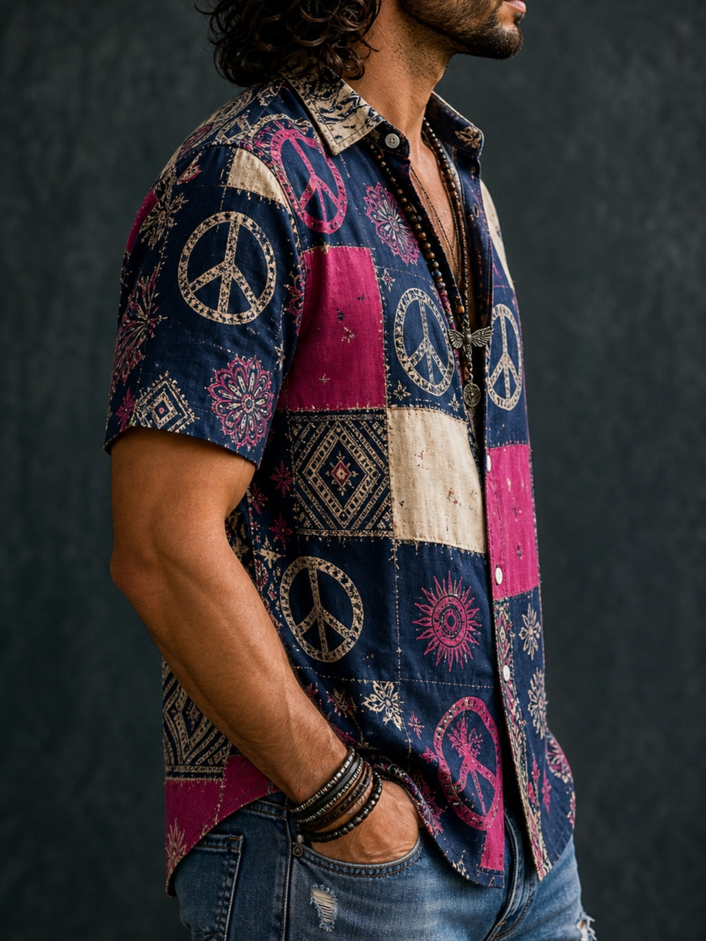 Men's Vintage Boho Short Sleeve Shirt - Lightweight Breathable Button- Top with Retro Patchwork Peace Sign & Bohemian Sun Floral Print, Full-Body Suitable for Summer Beachwear, Casual Daily Wear, Birthday Gift for Him (Machine Washable) - JAHFQ080217331