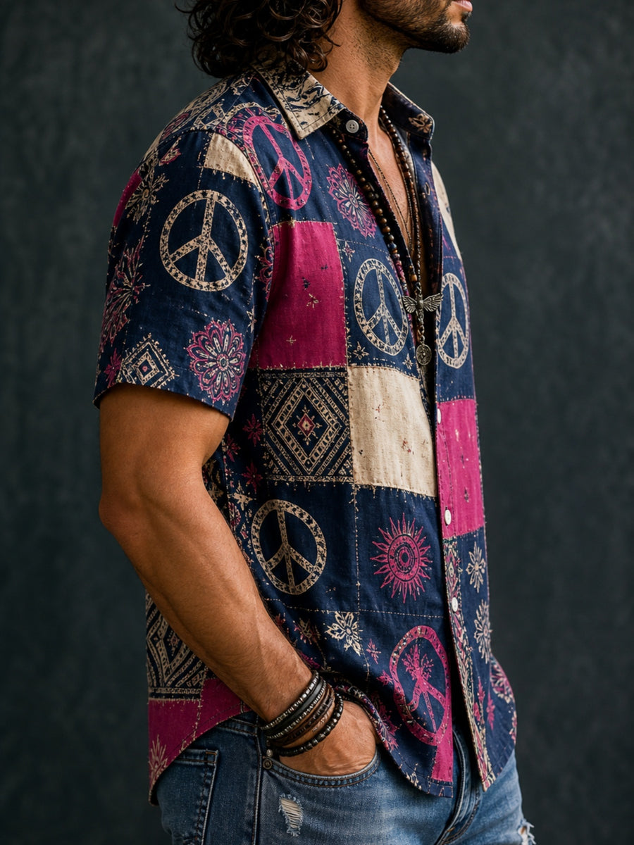 Men's Vintage Boho Short Sleeve Shirt - Lightweight Breathable Button- Top with Retro Patchwork Peace Sign & Bohemian Sun Floral Print, Full-Body Suitable for Summer Beachwear, Casual Daily Wear, Birthday Gift for Him (Machine Washable) - JAHFQ080217331