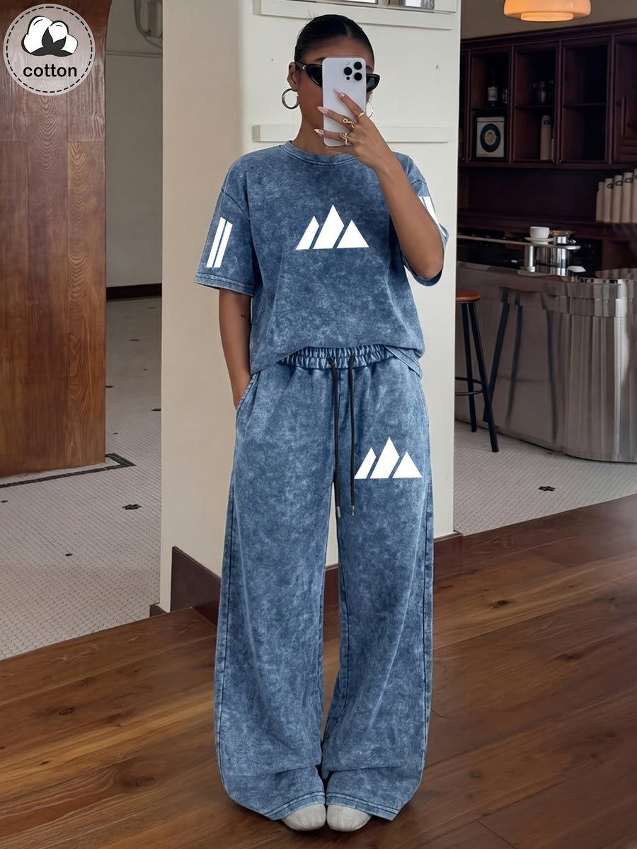 Women'S 2pcs Set, Washed Minimalist Mountain And Stripe Print Loose Short Sleeve T-Shirt And High-Waist Wide-Leg Athletic Pants, Retro Street Style Casual Home Wear Set, Daily Wear Loose Jogger Pants Set - Navy Color