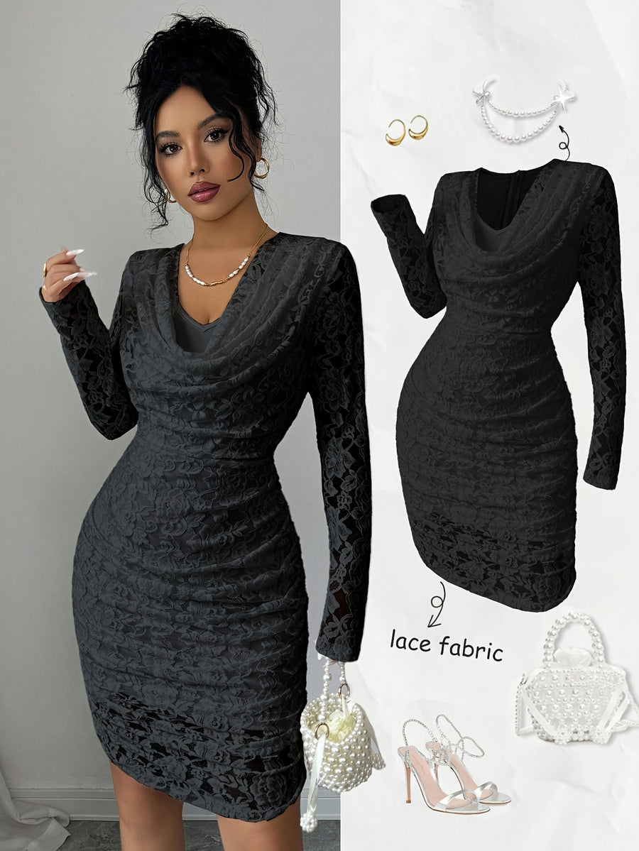 Women's Elegant Slim-Fit Mini Dress with Ruffled Collar, Ruffle Hem, and Corded Lace, Evening Gown, Bridesmaid Dress - Black