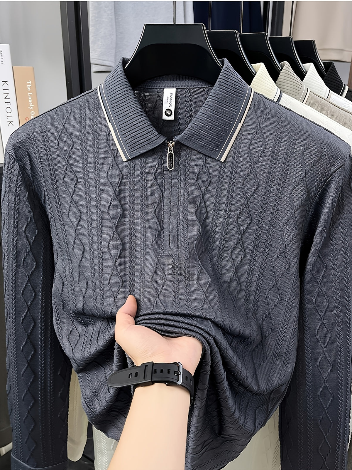 Men's Half-Zip Lapel Long-Sleeve Polo Shirt, Full-Rhombus Jacquard Texture, Contrast-Color Ribbed Collar, Simple Light-Luxury Top, for Business Receptions, Daily Commuting, Loose-Fit Men's Long-Sleeve T-Shirt - Grey