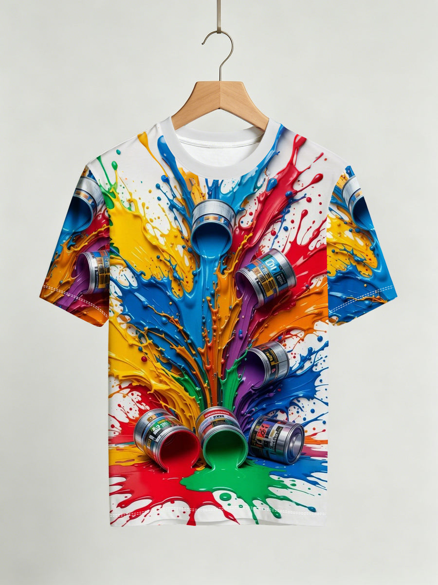 Men's Colorful Ink Splatter Art Print T-Shirt, Creative Trendy Versatile Short Sleeve - Mixed colors