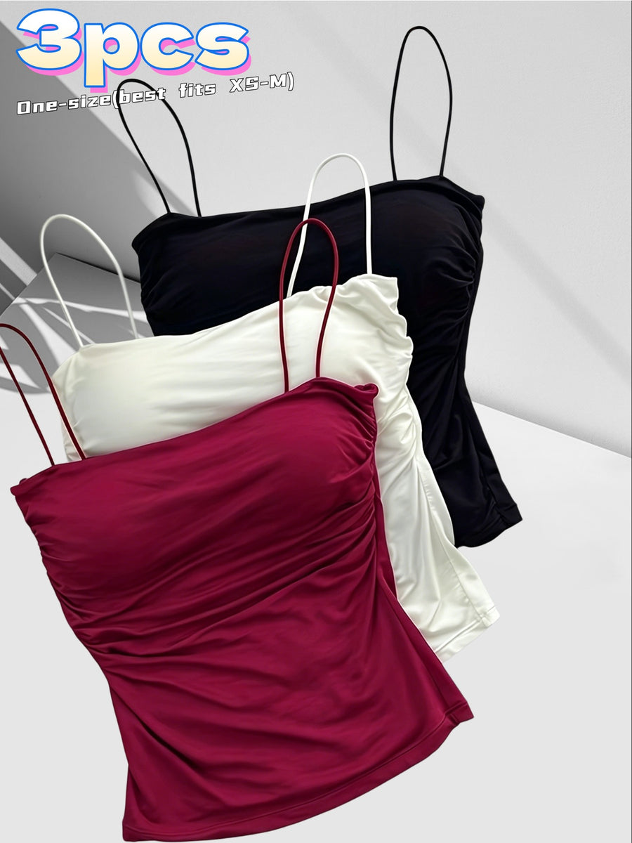 3pcs Set of Sexy and Elegant Women's Camisole with Waist Pleat Design, Suitable for Spring, Summer, and All Seasons - Black+white+red