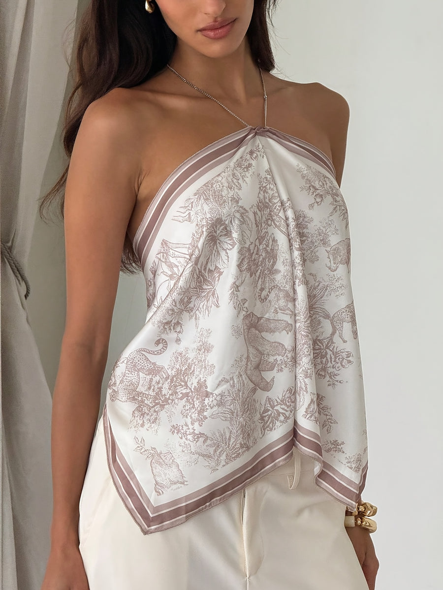 Women's Fashion Resort Style Jungle Animal Print Chain Neck Scarf Style Satin Sleeveless Off-Shoulder Top - Mixed Color