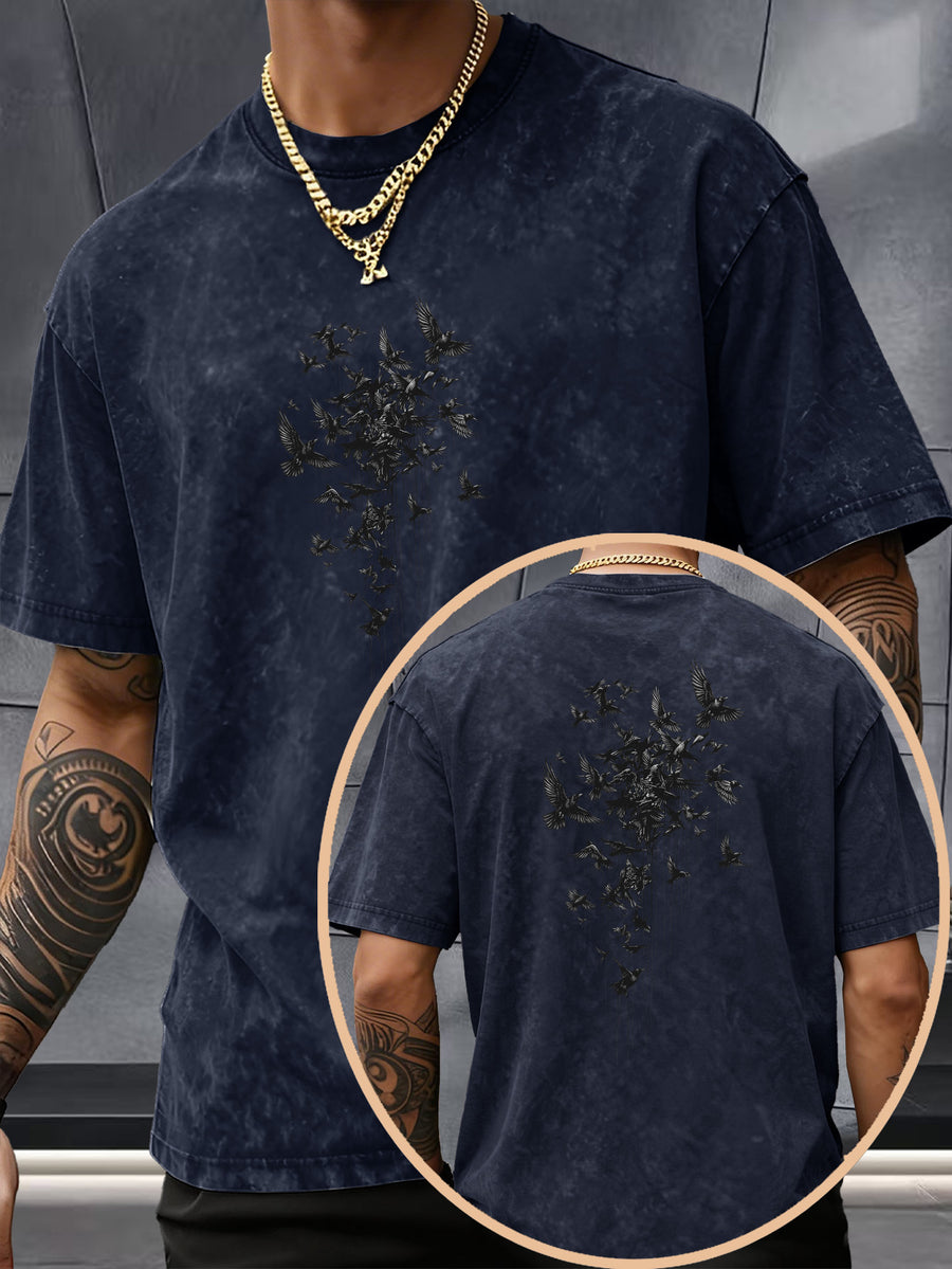 Short Sleeve Top, Pure Washed Distressed Loose Short Sleeve, Raven Flying Bird Front And Back Trendy Print Casual Match, American Street High Street Hip-Hop Couple Style, Daily Outing Commute Sports Fitness Street Style Y2K National Trend T-Shirt - Navy Color