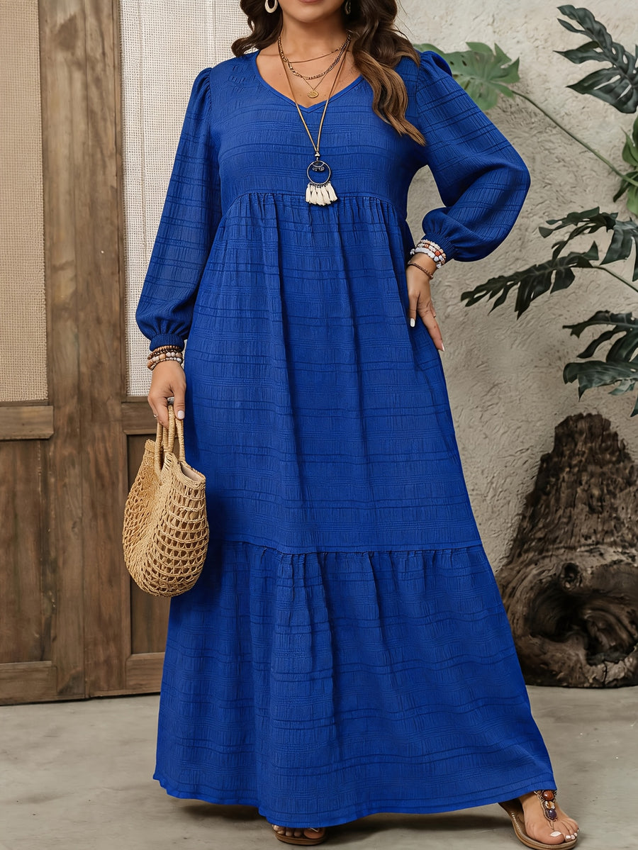 Plus Size, Plus Size Women's Solid Color Textured Long Sleeve Maxi Dress, V-Neck Puff Sleeve Waist-Cinching Layered Cake Dress, Loose Vacation Dress, Elegant Dress for Spring/Autumn/Winter - Royal Blue
