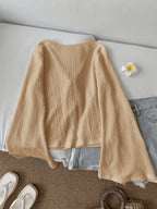 Solid Color Front-Tie Bow Open-Front Fashion Flared Sleeve Blouse New Women'S Short Top - Khaki