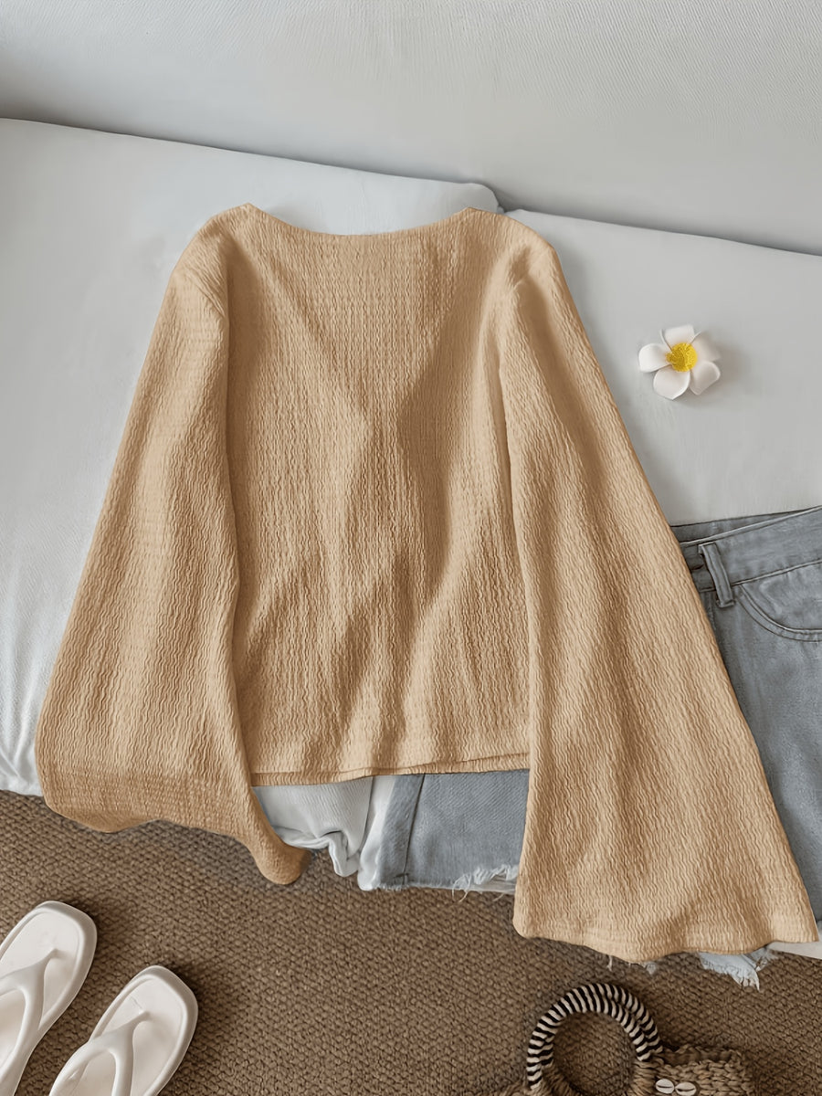 Solid Color Front-Tie Bow Open-Front Fashion Flared Sleeve Blouse New Women'S Short Top - Khaki