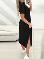 Women'S Letter Print Casual Solid Color Round Neck Short Sleeve Side Slit Dress - Black