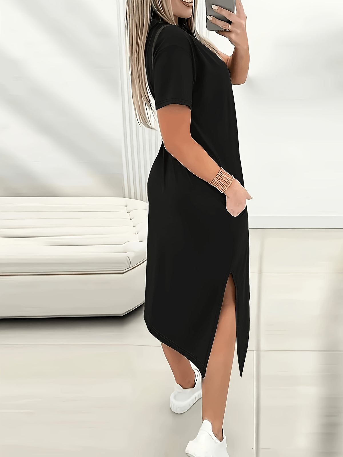 Women'S Letter Print Casual Solid Color Round Neck Short Sleeve Side Slit Dress - Black