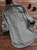 Women'S Spring Summer Casual Retro Commuter Long Sleeve Plaid Shirt - Black