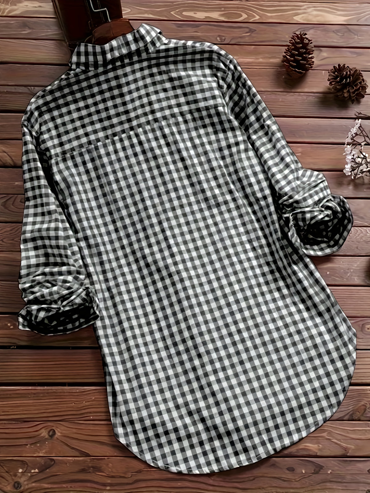 Women'S Spring Summer Casual Retro Commuter Long Sleeve Plaid Shirt - Black