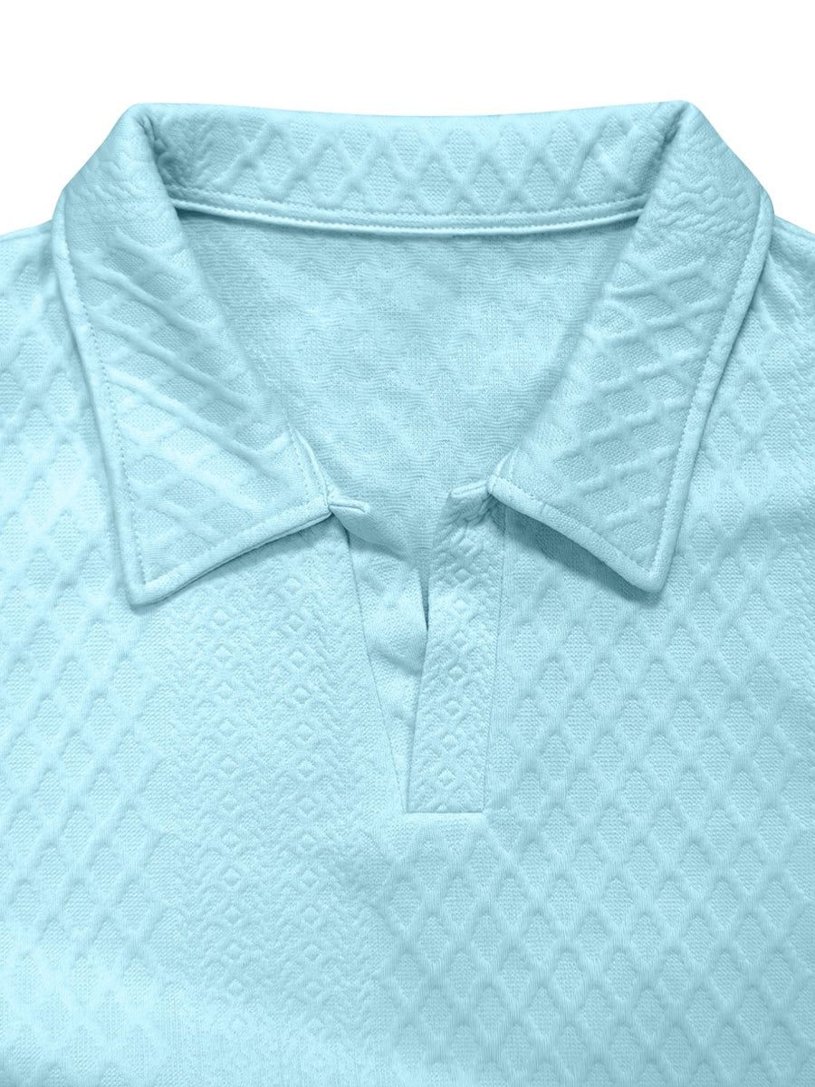 Men's New Rhombus Long Sleeve Polo Top, High-End Textured Lapel Pullover, Versatile Outerwear for Daily Commuting (Random Texture) - Light Blue