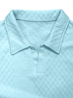 Men's Textured Long-Sleeve Polo Shirt for Spring/Autumn, Rhombus Jacquard Lapel Pullover, Simple and Elegant Casual Outerwear (Texture Random) - Light Blue