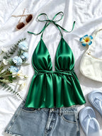 1pc Solid Color Spring Summer Beach Vacation Casual Satin Ruffled Cami Top - Green