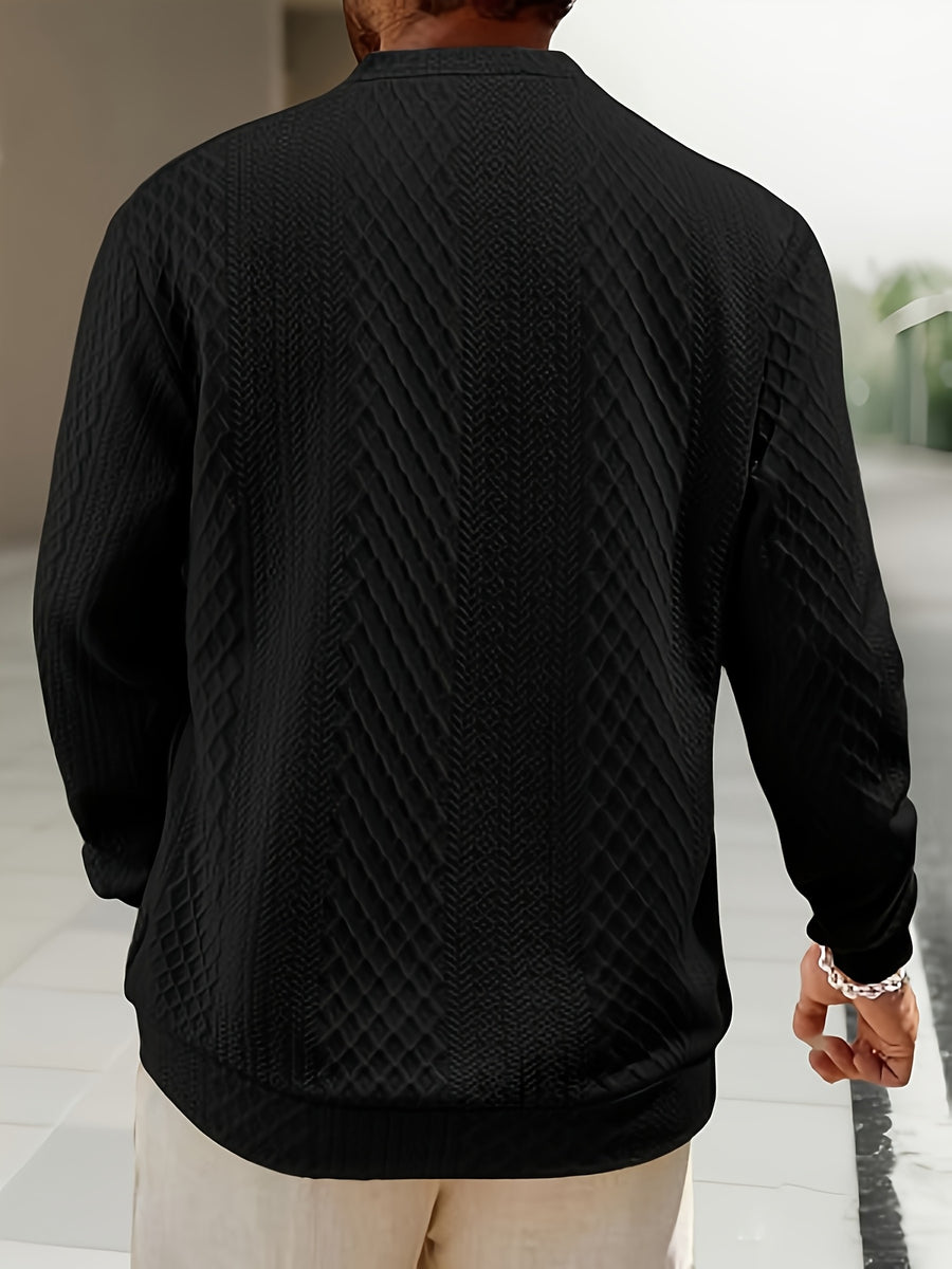 Men's New Autumn/Winter Jacquard Two-Button Casual Crew Neck Sweatshirt - Black