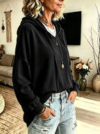 Plus Size - Western New Autumn Winter Solid Color Lapel Long Sleeve Pocket Drawstring Hooded Sweatshirt - Black