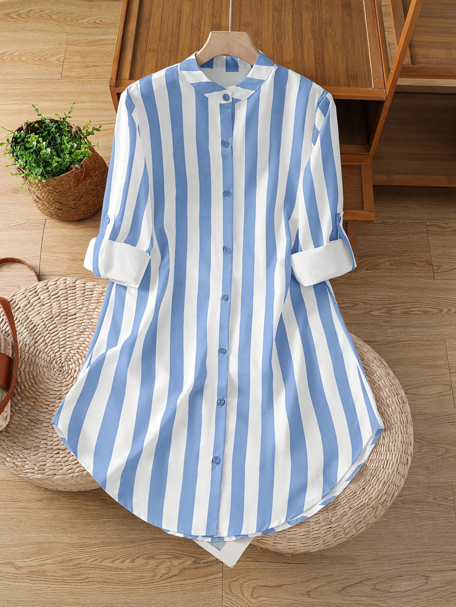 Women's Fashion Striped Long Shirt - Blue
