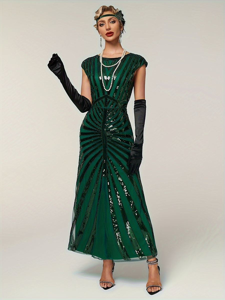 1920 Vintage Sequin Gatsby Ball Fringe Short Sleeve Dress, Party Banquet Dance Dress with Beaded Sequins, Toast Gown, In Stock - Green