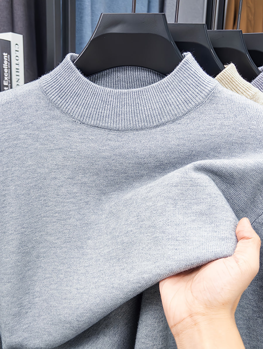 Men's Solid Color Half-Turtleneck Sweater, Available in Multiple Colors, Ribbed Cuffs, Simple Basic Style, Business Casual for Autumn/Winter, Slim Fit Commuter Base Layer Knit Top - Light Grey