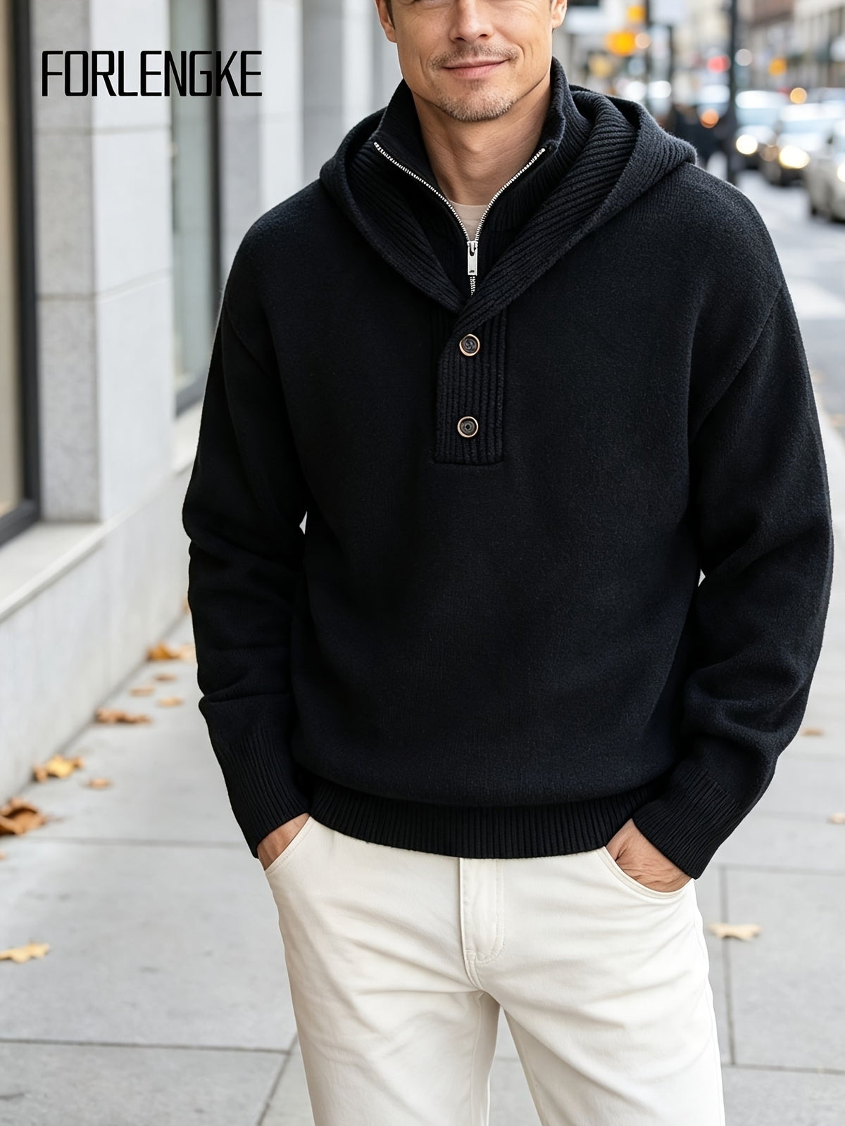 FORLENGKE Men'S Intercity Lightweight Travel Wind Hooded Double Placket Knit Top, Zipper Button-Up Dual Adjustable Style Flexible, Autumn Winter Short Distance Travel Self-Driving Roaming Golf Sports Outdoor Camping Casual Outerwear Top - Black