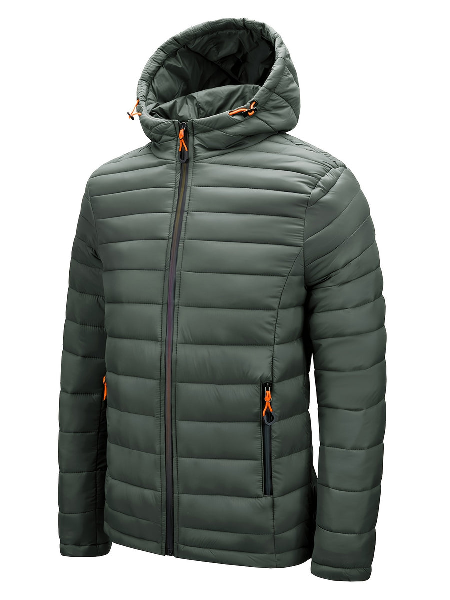 Men's Winter Padded Coat, Hooded Padded Top, Warm Quilted Jacket with Colorful Zipper Pockets - fern green