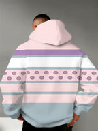 4 Styles, Men's Long Sleeve Casual Hoodies with Fresh Mountain Pattern with Contrasting Horizontal Stripes Prints, Trendy Printed Hooded Jackets, Sporty and Fashionable Style, Spring and Autumn Tops for Daily Casual Outfits. - Pink Color