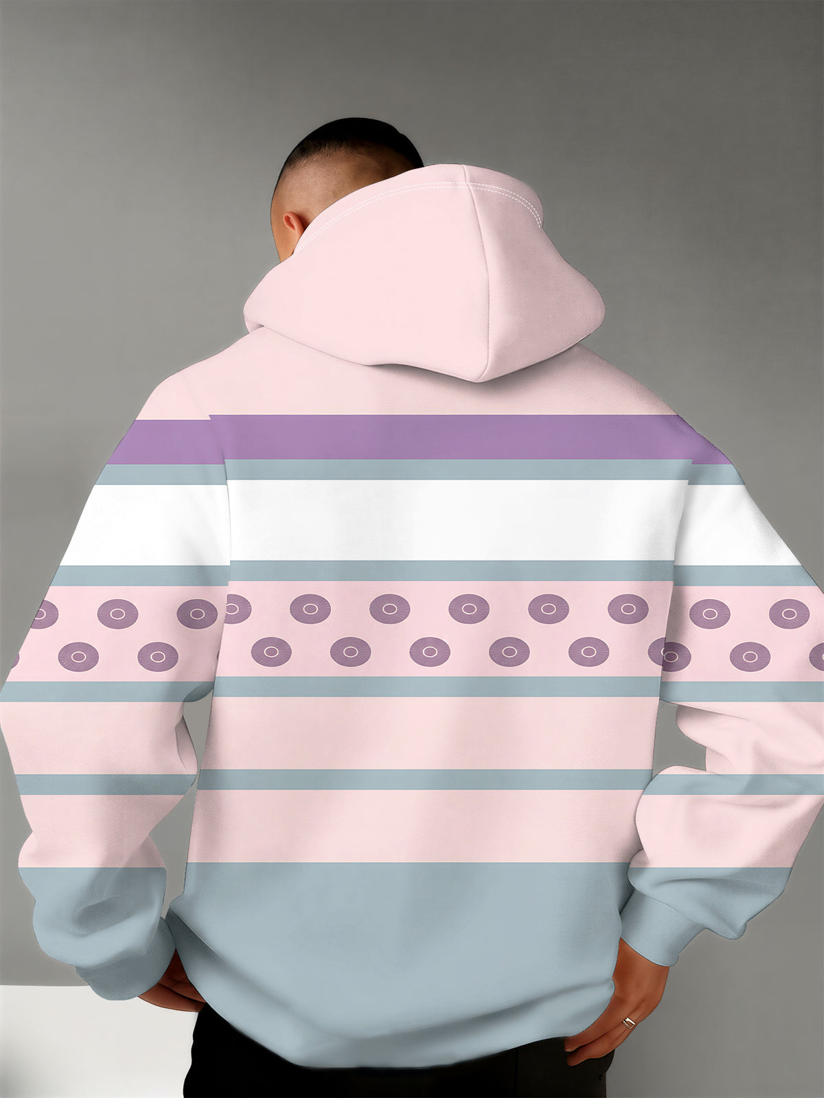4 Styles, Men's Long Sleeve Casual Hoodies with Fresh Mountain Pattern with Contrasting Horizontal Stripes Prints, Trendy Printed Hooded Jackets, Sporty and Fashionable Style, Spring and Autumn Tops for Daily Casual Outfits. - Pink Color