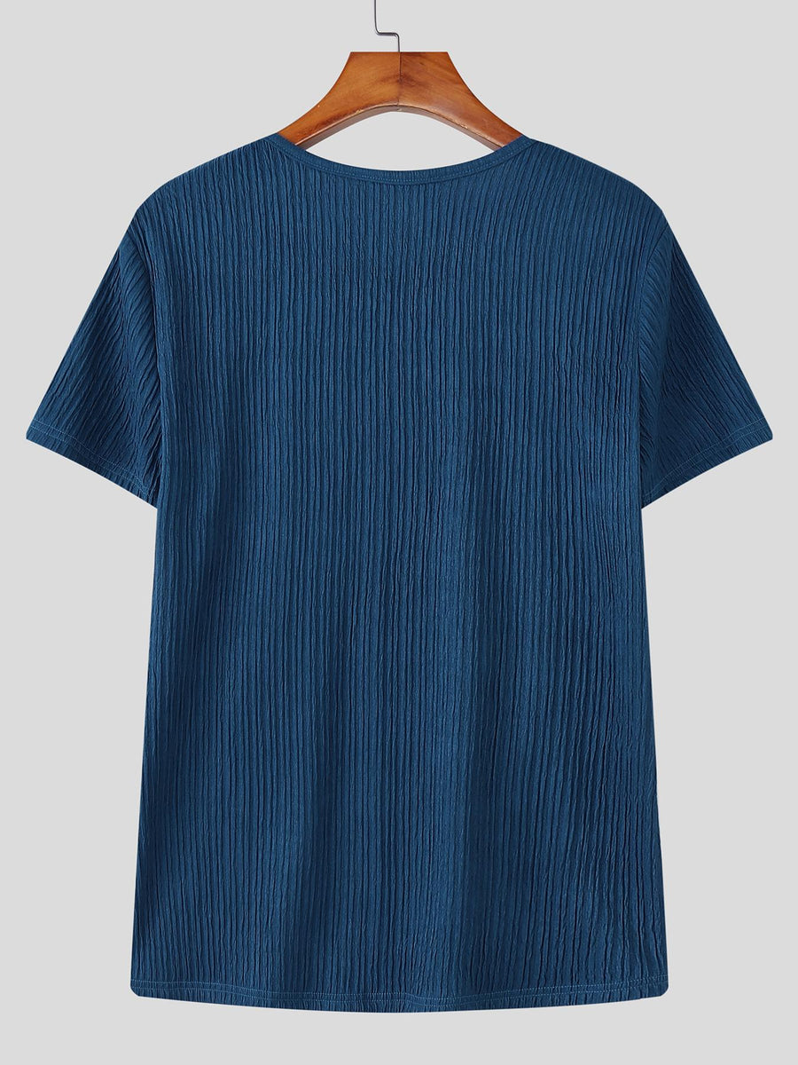 INCERUN Men Square Neck T-Shirt Short Sleeve Basic Tops Holiday Casual Solid Color Tops - Blue