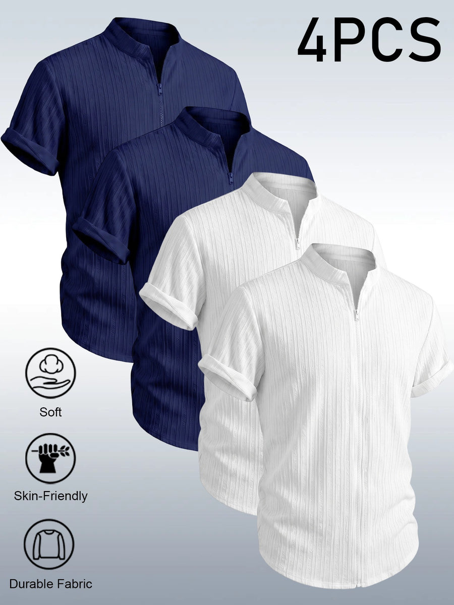 4pcs Urban Minimalist Pinstripe Textured Men'S Short Sleeve Stand Collar Zipper Cardigan, Summer Lightweight Breathable Casual Jacket, Fashionable All-Match Zippered Short Sleeve Shirt, Vertical Pleated Textured Fabric - White + White + Navy Blue + Navy Blue