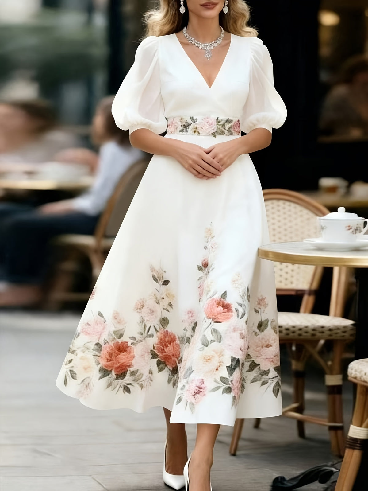 V-neck Waist-cinching Printed Maxi Dress - White