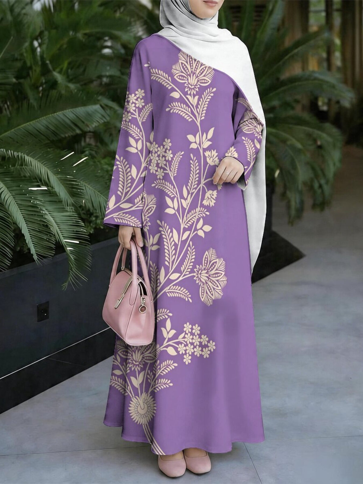 Women'S Middle Eastern Style Muslim Elegant Robe Dress, Suitable for Malaysian Dress, Ethnic Style Printed Long Robe, Loose Long Sleeve Flared Skirt, Festive Gatherings And Worship Occasions, Wrinkle-Resistant Non-Embroidered Craft - Mixed colors