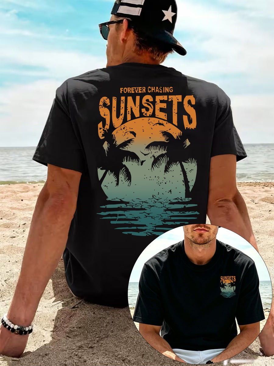 Men'S 100% T-Shirt, Orange-Green Gradient Vintage SUNSETS Coconut Tree Reflection Front And Back Print Design, Casual Trendy Streetwear Sports Short-Sleeve T-Shirt Summer New Arrival, Round Neck Short-Sleeve Summer Top, Casual Street Style - Black