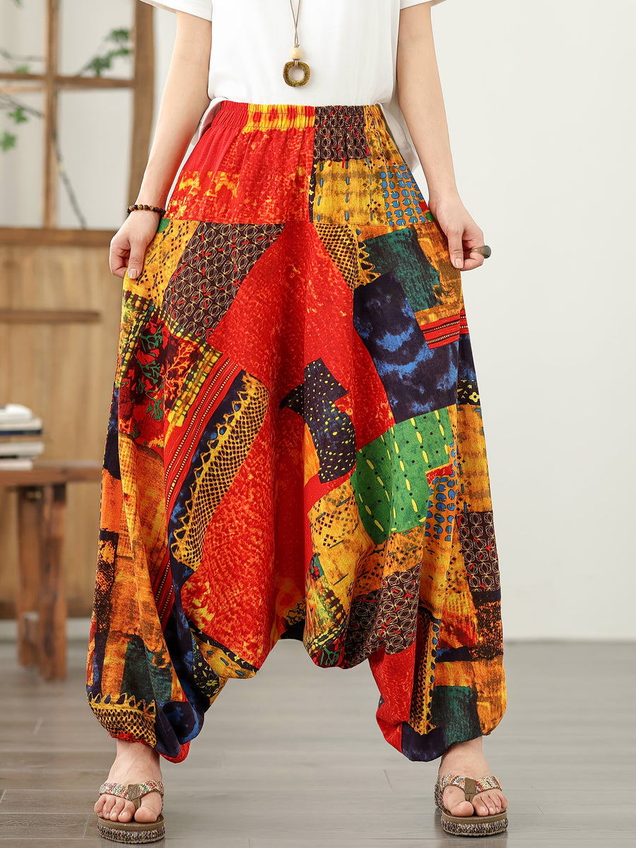 9531# Real Shot New Style Elegant Wide-Leg Pants Floral Print Flared Pants Casual Loose Pants Ethnic Style Harem Pants - Red