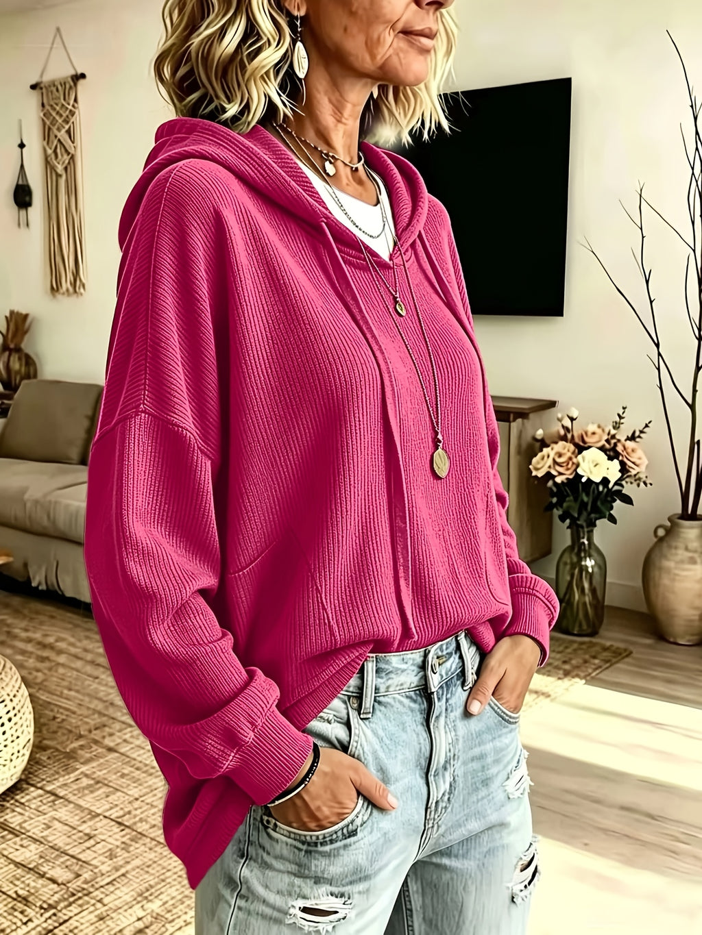 Plus Size - Western New Autumn Winter Solid Color Lapel Long Sleeve Pocket Drawstring Hooded Sweatshirt - Rose Red