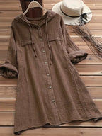Women's Elegant Solid Color Full- Button- Shirt Jacket with Hood - Long Sleeve Blouse for Casual & Professional Wear, Machine Washable, All-Season Regular Fit Outerwear - Dark Brown