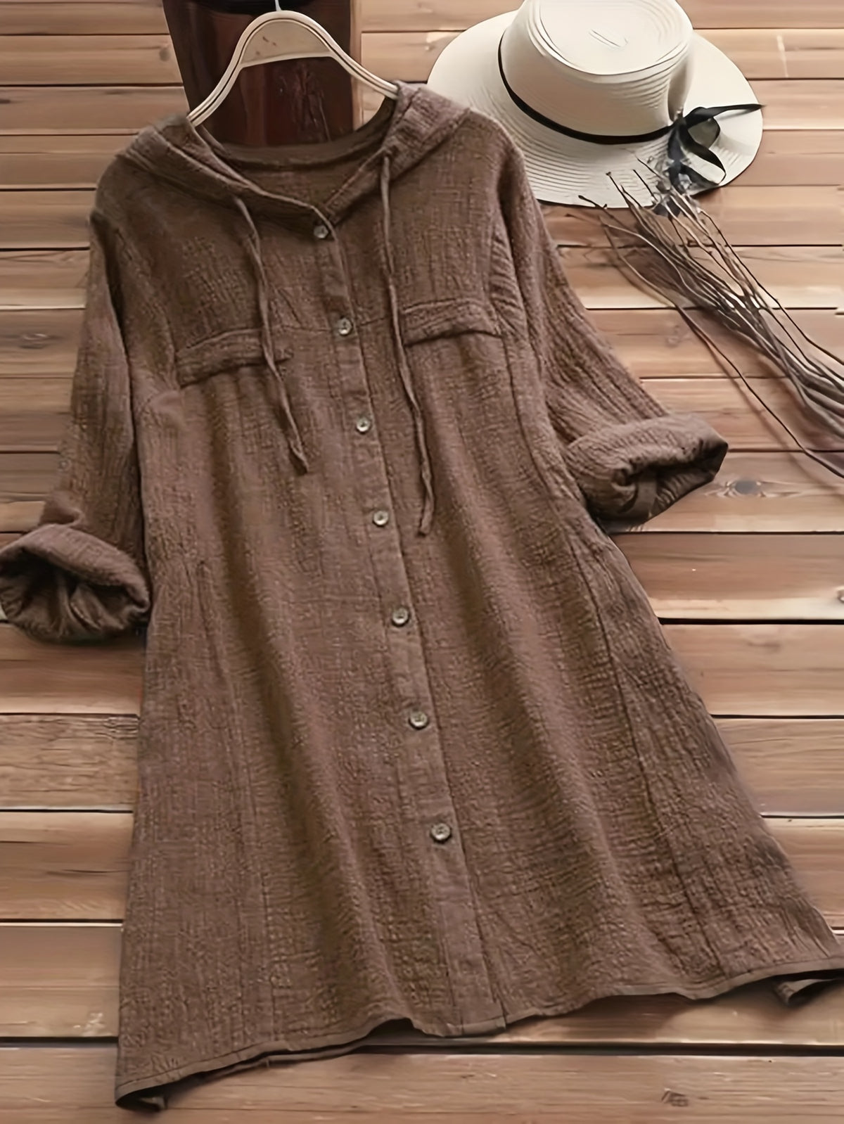 Women's Elegant Solid Color Full- Button- Shirt Jacket with Hood - Long Sleeve Blouse for Casual & Professional Wear, Machine Washable, All-Season Regular Fit Outerwear - Dark Brown