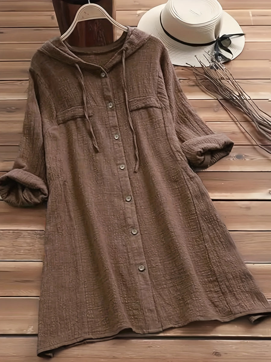 Women's Elegant Solid Color Full- Button- Shirt Jacket with Hood - Long Sleeve Blouse for Casual & Professional Wear, Machine Washable, All-Season Regular Fit Outerwear - Dark Brown