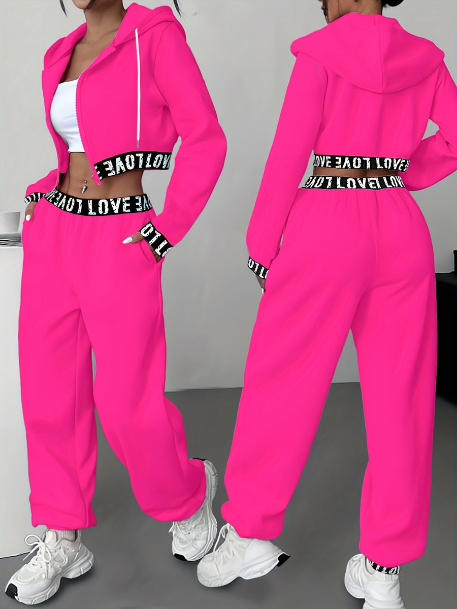 Women's 2pcs Set, Zipper and Hood Autumn/Winter Casual Women's Jacket + Pants, Regular Clothing, Daily Wear, Fashion Apparel, Stylish Swear, Soft Fabric, Comfortable Clothing, Matching Series, Women's Swear, Women's Collection - Dark Pink