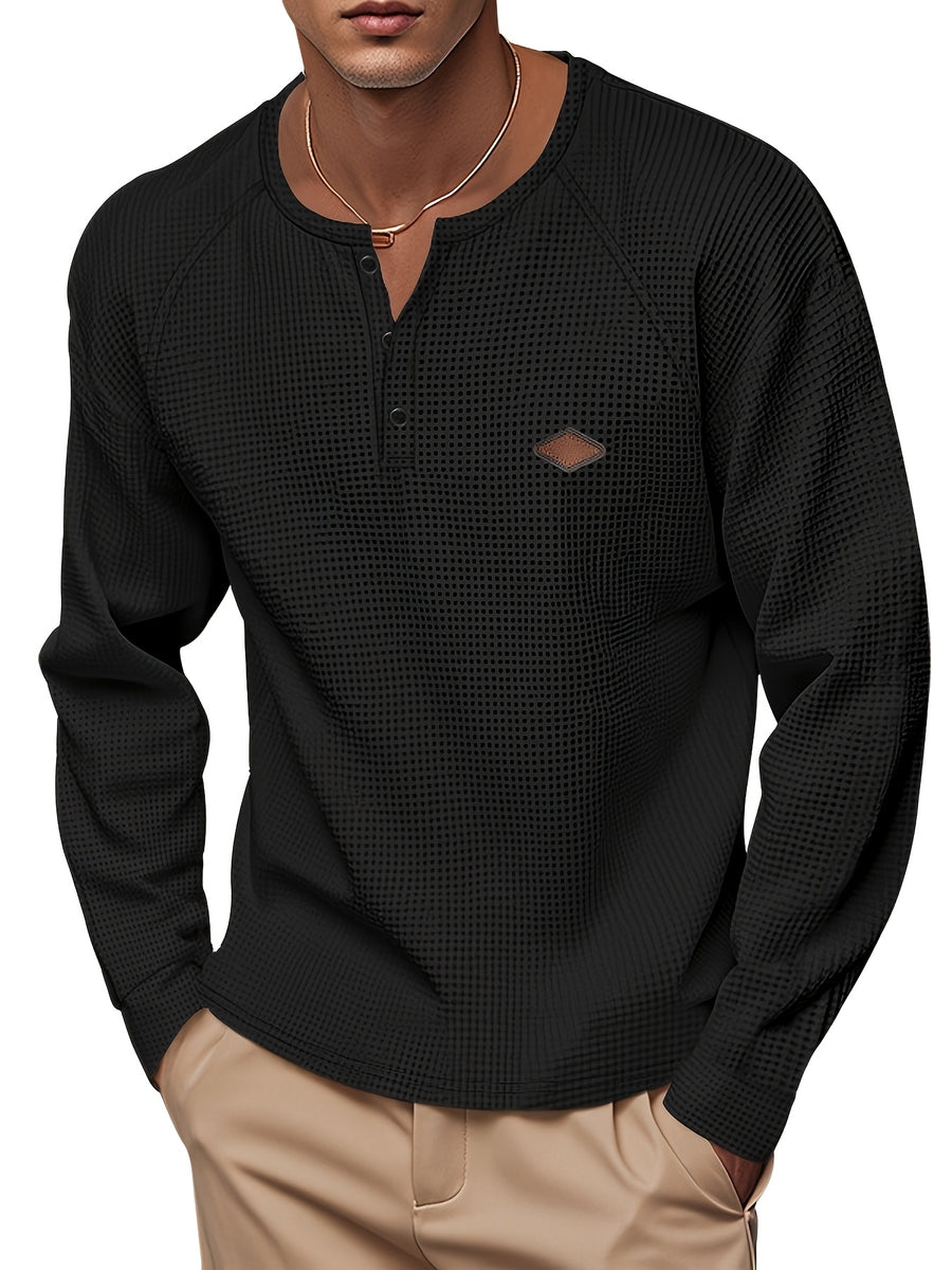Josh Mei'S Selected Men'S Casual American Style Spring And Autumn Thin Waffle Grid Button-Up Quick-Dry Raglan Henley T-Shirt Long Sleeve - Black