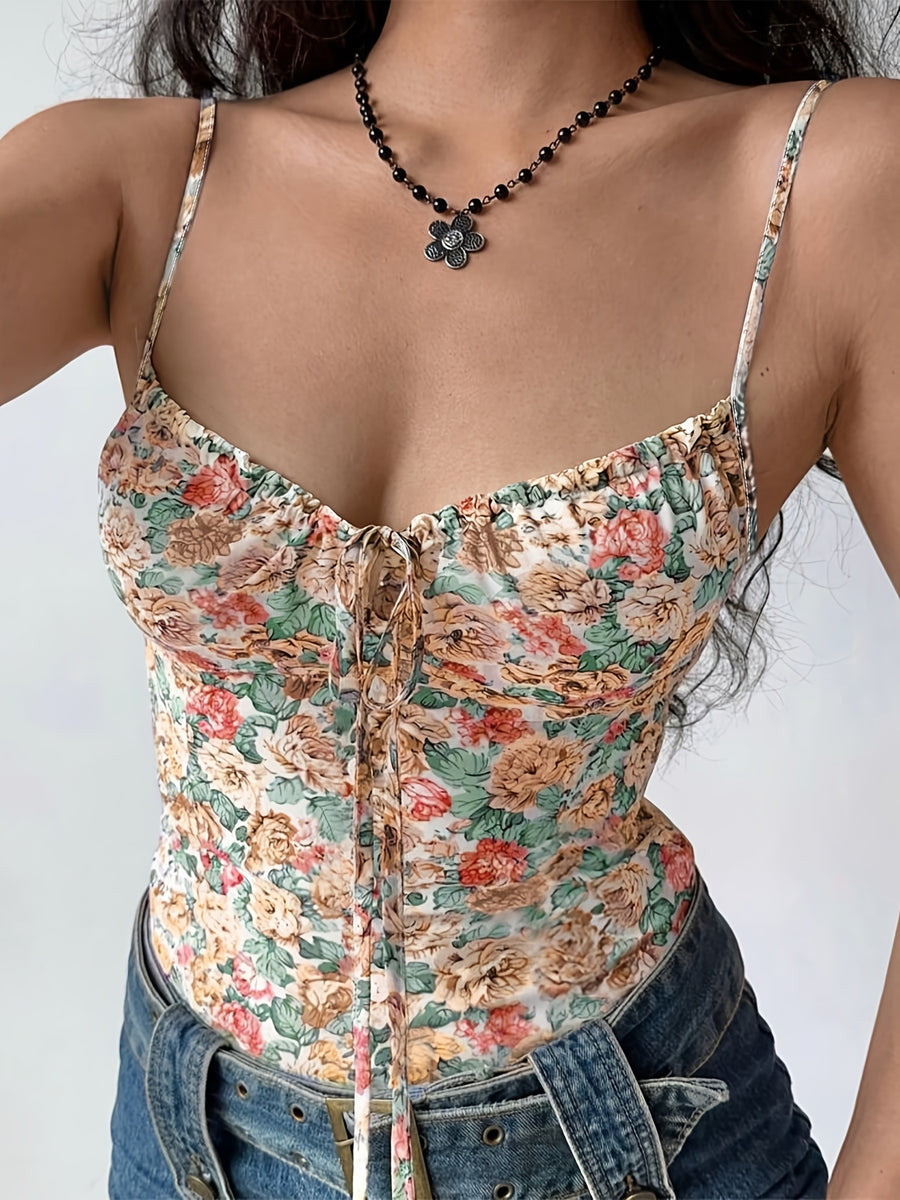Women's Elegant and Stylish Printed Camisole Top with Front Tie Bow, V-Neck, Waist-Cinching Slim Fit, and Cropped Design, Suitable for Dates, Travel, Parties, Gatherings, Beach Vacations, Daily Commuting, and Streetwear - Mixed colors