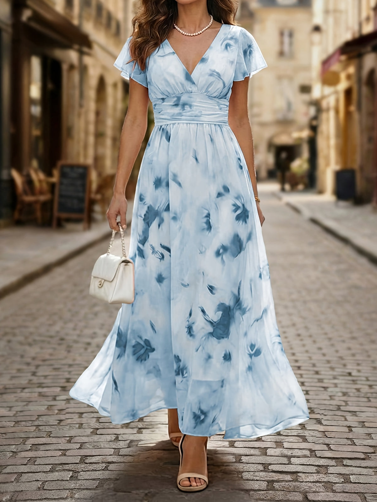 Women's Elegant V-Neck Floral Print Maxi Dress with Ruffle Sleeves, Casual Waist, for Leisure and Vacation, ZLLZ - Sky Blue
