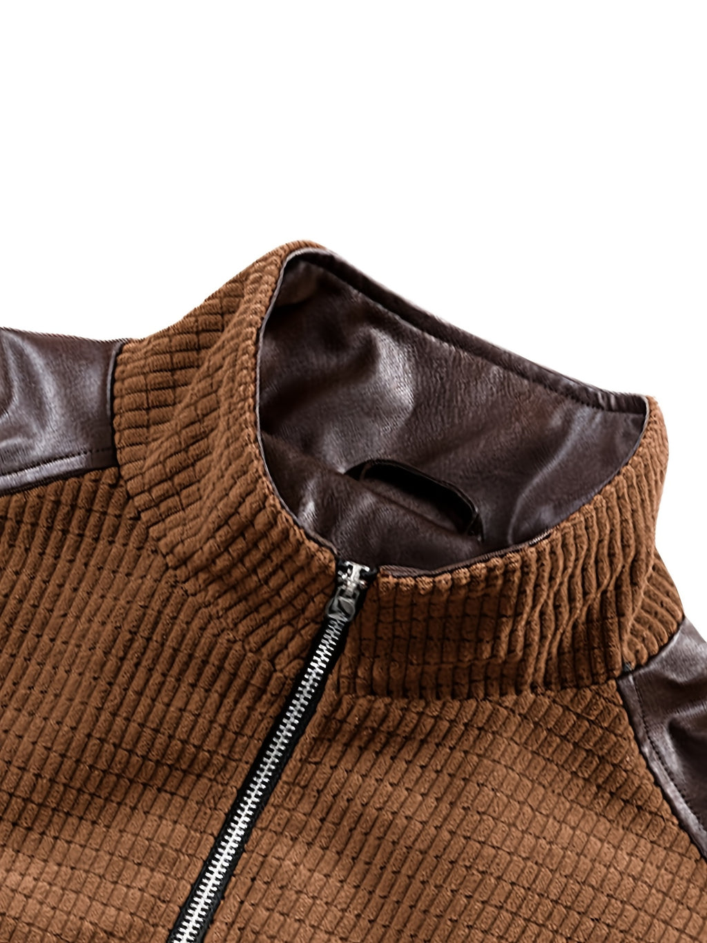 DIFFELEMENT Men's Casual Stand Collar Corduroy Jacket, Soft Waffle Fabric, Color Block Patchwork Design, Stand-Up Full Zipper Jacket, Wrinkle-Resistant with Ribbed Cuffs, Windproof, Lightweight and Warm Outerwear, Regular Fit, Suitable for Daily - Dark Brown