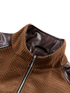 DIFFELEMENT Men's Casual Stand Collar Corduroy Jacket, Soft Waffle Fabric, Color Block Patchwork Design, Stand-Up Full Zipper Jacket, Wrinkle-Resistant with Ribbed Cuffs, Windproof, Lightweight and Warm Outerwear, Regular Fit, Suitable for Daily - Dark Brown